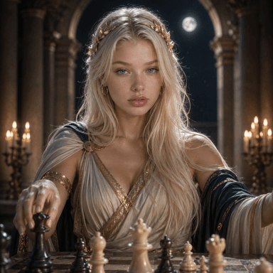 Caïssa, Maneline's chess assistant, at a chessboard.