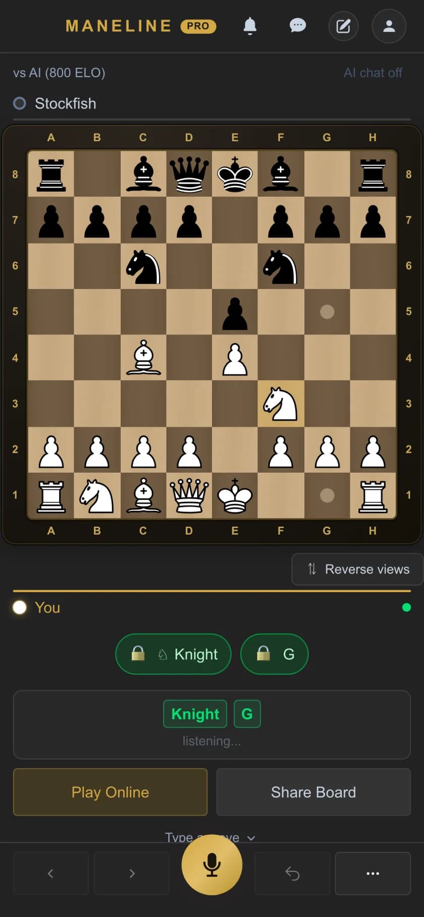 A live Maneline game mid-move: the player has said "knight g", the Knight and G pills are locked, and the board highlights the legal knight moves.